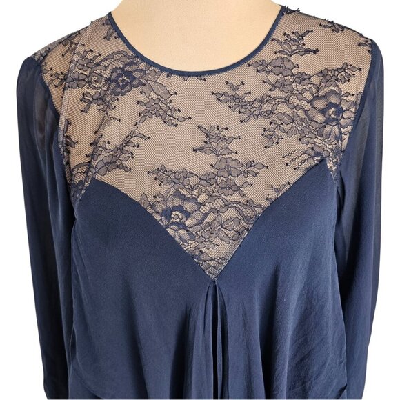 BCBGMAXAZRIA Navy Blue Silk Dress w/ Lace Detailing - Picture 2 of 9